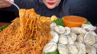 ASMR EATING SPICY* NONGSHIM STIRFRY NOODLES,CHICKEN MOMO,VEG MOMO,LAYS CHIPS *FOODVIDEOS*