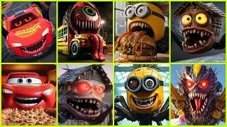 Lightning Mcqueen Eater VS House Head Monster VS School Bus Monster VS Minions Spider Monster