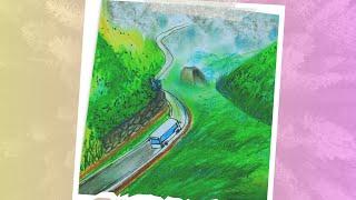 Easy Mountain Roadside Bus Scenery | Oil Pastel Drawing for Beginners