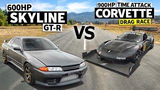 600hp R32 Skyline GT-R vs 900hp Time Attack Z06 Corvette — No Prep Drag Race