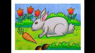 How To Draw Cute Bunny | How to Draw Rabbit Nature Scenery Drawing | Easy Nature Drawing for kids