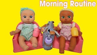 New Be loved baby doll twins Morning Routine feeding, changing baby doll and packing baby bag