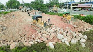 Best Technique Update Of KOMATSU DOZERS Push Much Stone Mixed Rock To Filling Up Huge Area