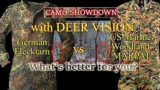 Which is best? German Flecktarn Vs. US Marine Woodland MARPAT on 12 Backgrounds with Deer Vision.