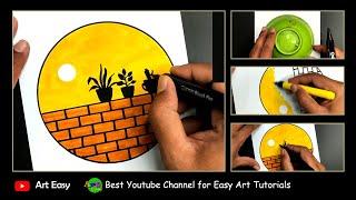 Scenery Drawing In A Circle With Brush Pen || Very Easy