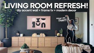 living room tv wall makeover for 2025! | cozy & neutral diy accent wall + frame tv + modern decor