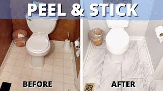 Watch Us PEEL & STICK a SMALL BATHROOM FLOOR with Luxury Vinyl Tile!