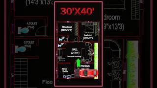 30’× 40’ house plan, 30 by 40 home plan, 30*40 house plan, East Facing 2BHK & Parking