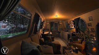 Rainy Narrow Boat | Night Ambience | Cozy Log Burner, Wind, Rain & Thunderstorm Sounds