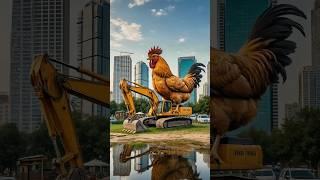 Evolution from a giant chicken on an excavator to a tyrannosaurus on the edge of a cliff