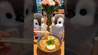 twins  enjoying egg noodles soup #egg #noodles #soup #penguin #ai