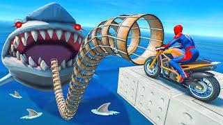 Spiderman Found Biggest Monster Megalodon Challenge w Motorbikes Racing Wipeout Obstacle Ep 474