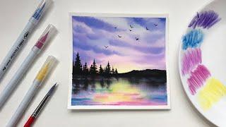 Forest Sunset Watercolor Painting for Beginners | Using Brush Pens