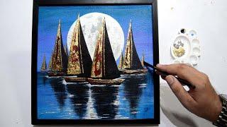 How to Abstract Acrylic Painting / Gold Leaf / Moonlight Landscape / Easy Tutorial For Beginners