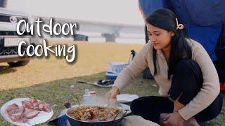 Outdoor Cooking- Local Chicken & Pulao || Roasted Pork || New Year Picnic  2025