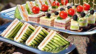 Schnelle und einfache Party-Food-Ideen. 4 Vorspeisenrezepte für Partys. Gurke, Tomaten und Lachs