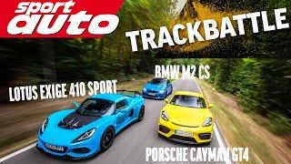 BMW M2 CS vs. Exige 410 Sport vs. Cayman GT4 | Trackbattle Hockenheim-GP| sport auto