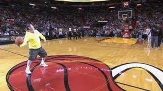 Michael Drysch Sinks Half Court Basket, Lebron James Helps Him Celebrate