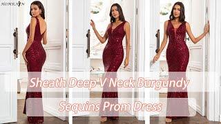 Sheath Deep V Neck Burgundy Sequins Prom Dress | Homrain 2022