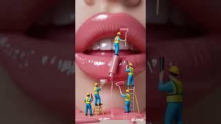 Tiny Workers Apply Lip Gloss on Giant Face – Surreal Beauty Art