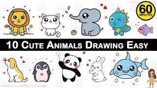 10 Cute Easy Animals Drawing Video Collection for Kids| 60 Minutes Long Drawing Video Sunday Special