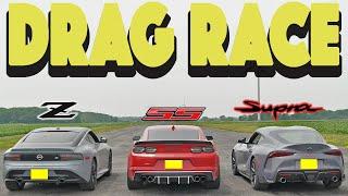 2023 Toyota Supra vs Camaro 2SS 1LE vs Nissan Z. Drag and Roll Race.