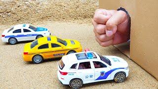 Police cars saves toys cars excavator, dump truck, fire truck from the hand in cave - Toy car story