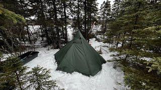 Hot Tent Winter Camping In Snowfall! Ice Fishing For Trout!