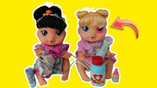 New Baby Alive doll gets sick  Lunch routine and packing baby doll bag