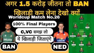 Ban vs ned worldcup 27th match dream11 team of today match | Ban vs ned dream11 prediction
