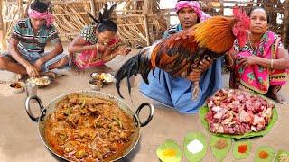 original RED COUNTRY CHICKEN curry cooking by santali tribe people and eating with hot rice