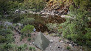 Solo Bushcraft Hike into an Ancient Gorge | Tarp Camp | Heavy Rain | Duck Cooked on Firebox stove.