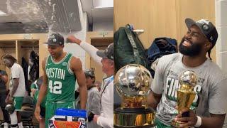 Celtics locker room celebrate advancing to NBA Finals after sweeping Pacers