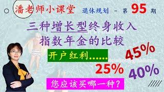 第95期，三种畅销的增长型终身收入指数年金，该买哪一种？开户红利奖金45%，40%，25%，35%。利息增长2.5倍，200%，怎么选？indexed annuity lifetime income