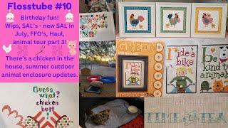 Flosstube #10 Stitching Chickens! Wips, Sals, Finishes, Haul, birthday fun, Yard Tour #3.