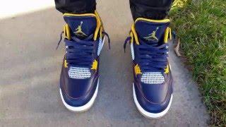 NIKE AIR JORDAN RETRO 4 DUNK FROM ABOVE MIDNIGHT NAVY/METALLIC GOLD/LEAF/WHITE ON FEET REVIEW HEAT!