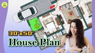 30×50 house plan with car parking, 2 BHK home design, 30*50 #houseplan #housemap #housedesign