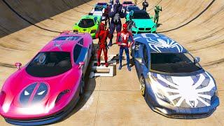 Spiderman on Ramps challenge from the city center to the ocean Superheroes Cars GTA V mod