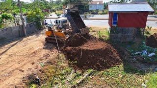 Incredible LandFill Project! Bulldozer D31P KOMATSU push stone with Dump Truck 5T Unloading