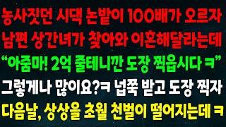 (실화사연) 시댁 논밭이 100배가 오르자 남편 상간녀가 이혼해달라는데 “2억 줄테니깐 도장 찍읍시다” 그렇게나 많이요? 넙쭉 받고 도장 찍자 다음날 상상을 초월 천벌이 떨어지는데