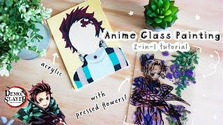 Anime Glass Painting w/Pressed Flowers  & Acrylic Painting Tutorial | Demon Slayer Art