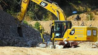 Excavator Drilling Rig Building A Winding Road On The Steep Slope