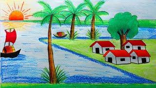 Riverside village scenery drawing | my village drawing easy and beautiful | easy nature drawing #art