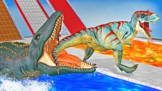 Mosasaurus vs Dinosaurs Falling Down the Stairs into Lava Path - Animal Revolt Battle Simulator