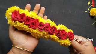 Easy to make flower garland at home/chrysanthemum and rose flower garland/poomalai/Diy pooja decor