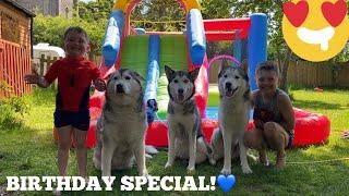 BIRTHDAY SPECIAL WATERSLIDE FOR OUR HUSKIES & KIDS! [CUTEST VIDEO