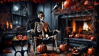 COZY SKELETON HALLOWEEN NIGHT-CRACKLING FIREPLACE-PUMPKINS-FALLING AUTUMN LEAVES-HAUNTED FOREST