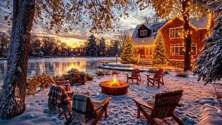 Serene Christmas Retreat: Cozy Cabin with Gentle Snowfall, Warm Fire Pit. Relax Winter Ambience