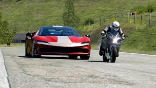 Ferrari SF90 Stradale Fiorano vs Kawasaki Ninja H2 vs Pagani Zonda R vs Bugatti Chiron at Old SPA