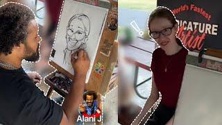 Shy young lady gets a caricature drawn by Alani J